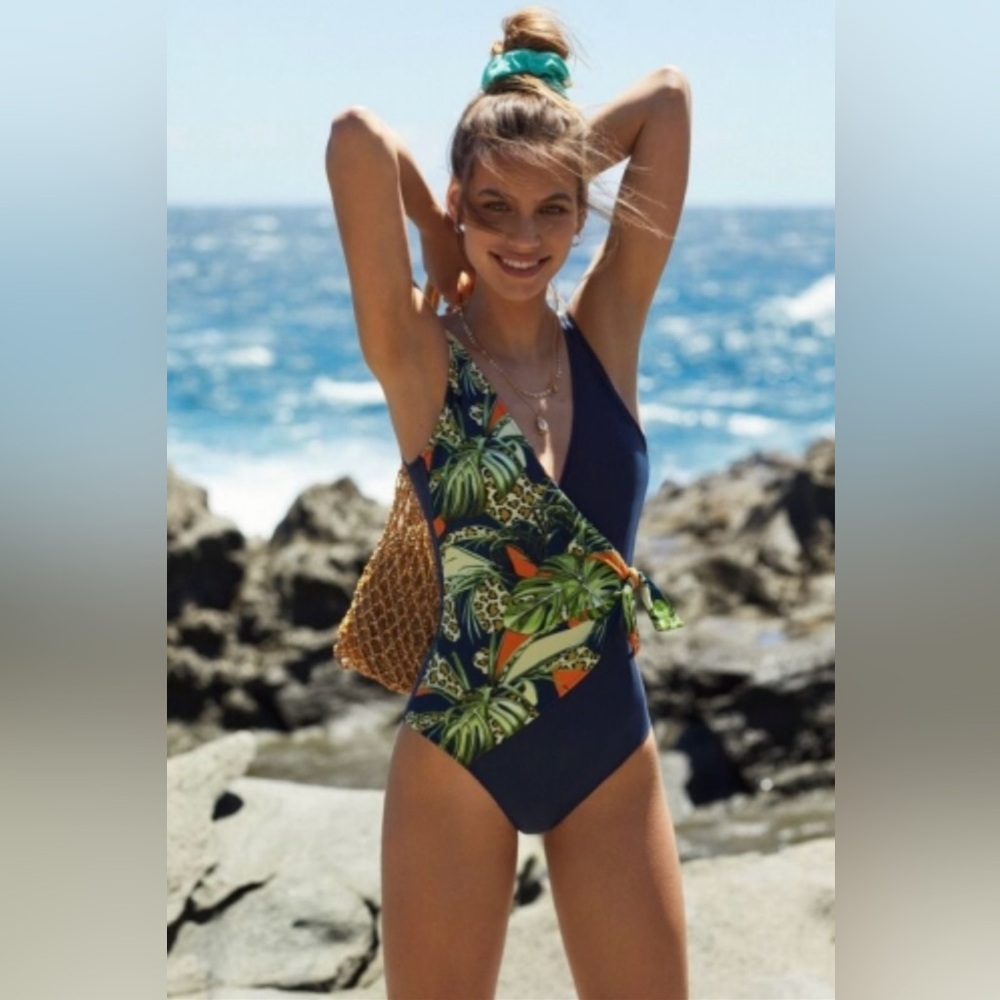 Navy Tropical Print One-Piece Swimsuit in Size S, M, L